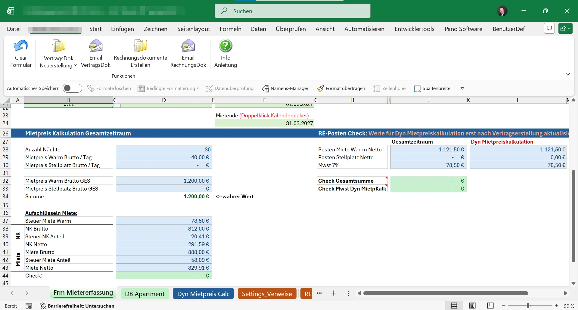 Excel-Erfassungsmaske für Gäste und Wohneinheiten mit Schaltflächen für Vertrags- und Rechnungsdokumente