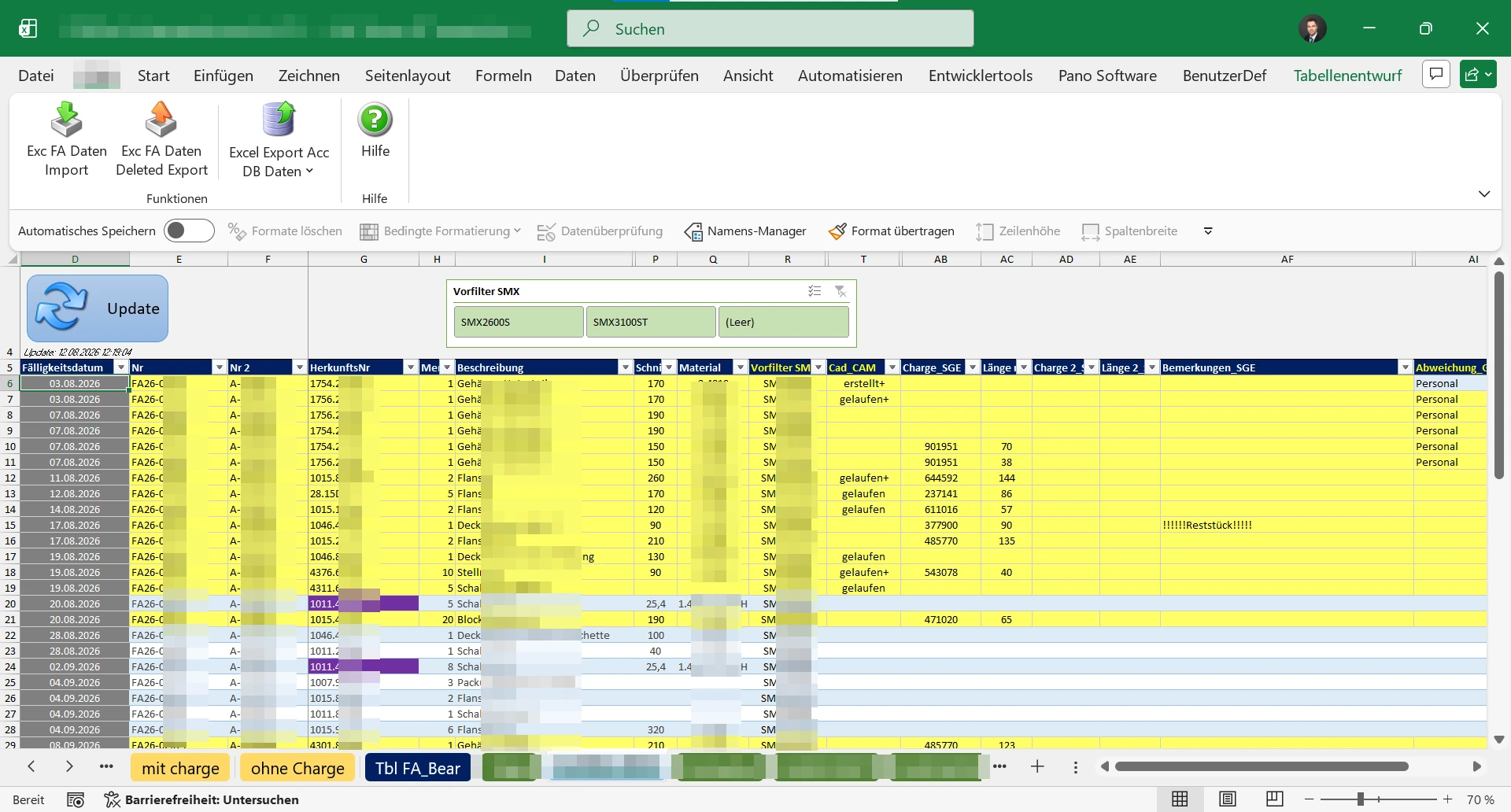 Fertigungsplanung bei CERA in Excel: Maschinenblatt mit Aufträgen, Update-Schaltflächen und eigener Registerkarte für Import und Export