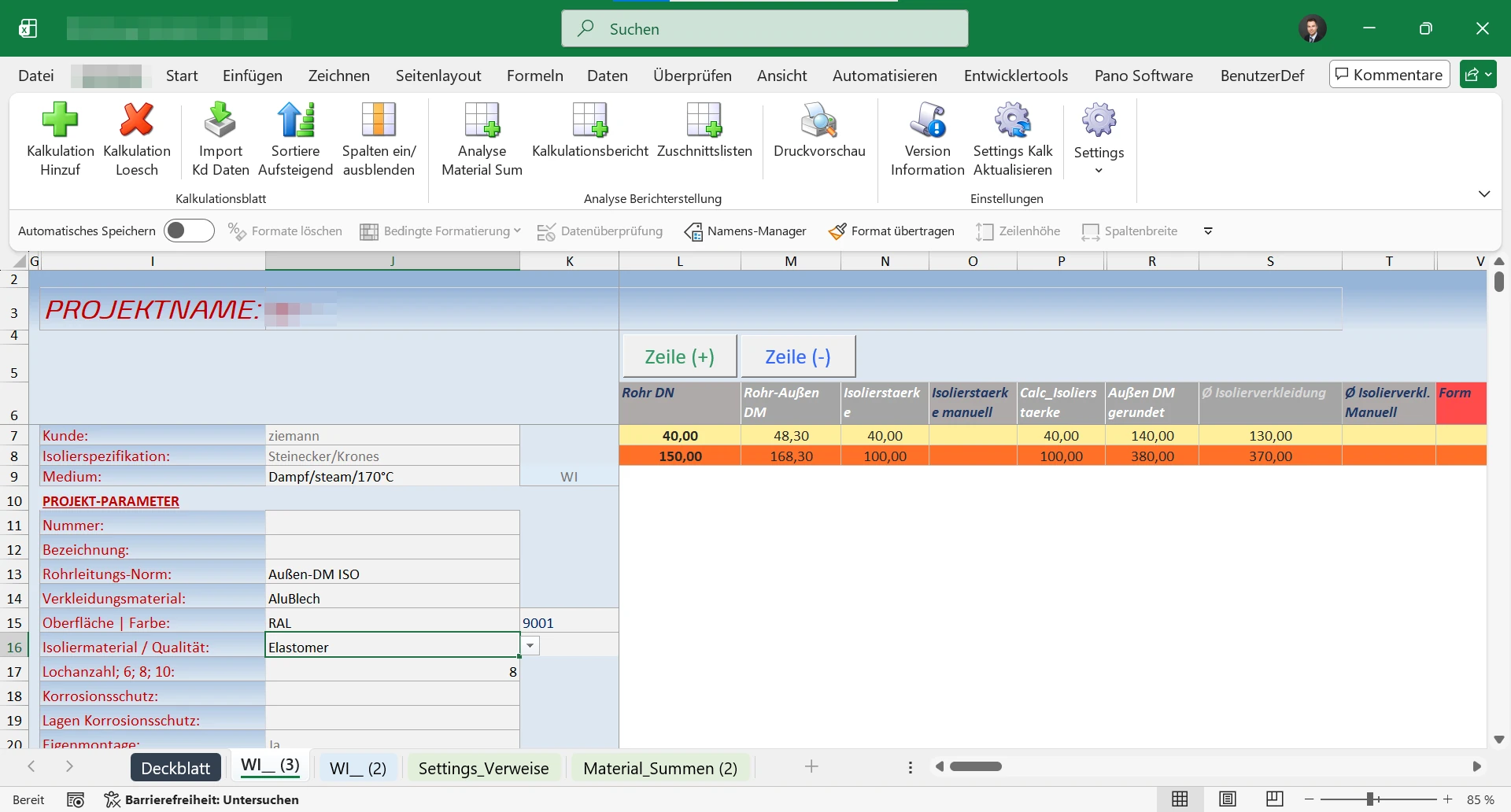 Kalkulationsmappe bei BATIMAT: eigene Registerkarte im Excel-Menüband und Deckblatt aus der zentralen Vorlage